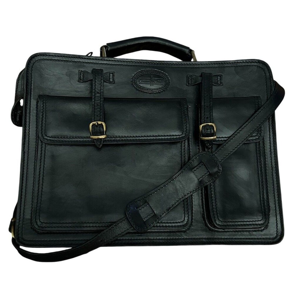 Vtg Gianni Conti Black Leather Briefcase Messenger Bag Italy Shoulder Strap